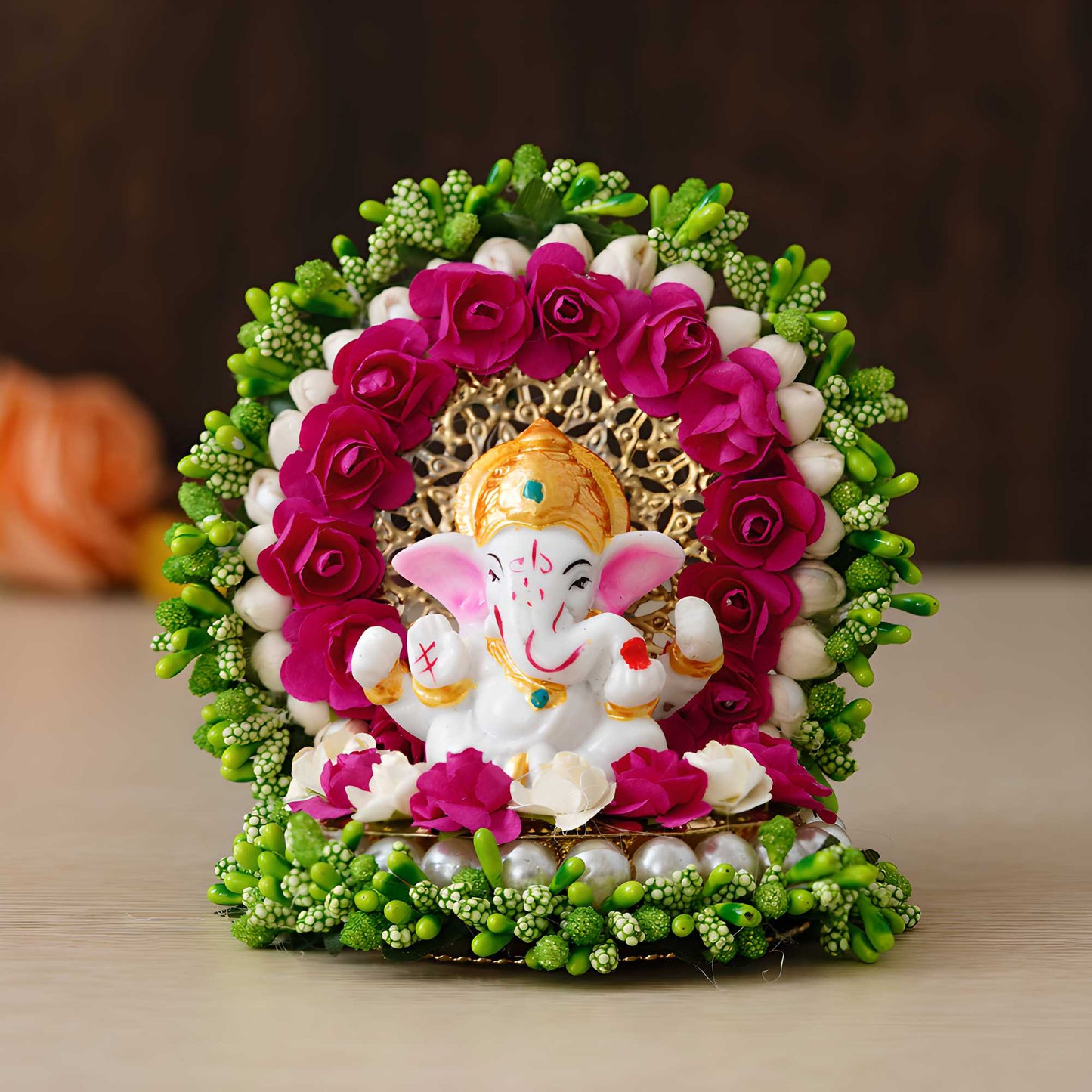 eCraftIndia Lord Ganesha Idol on Decorative Handcrafted Green Floral Plate for Home and Car