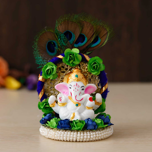 eCraftIndia Lord Ganesha Idol on Decorative Handcrafted Floral Plate with Peacock Feather for Home and Car