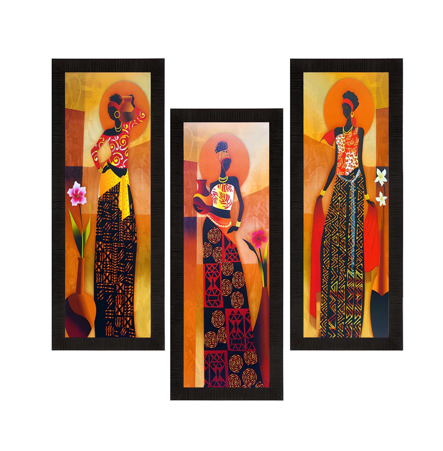 eCraftIndia Set Of 3 Tribal Village Ladies Satin Matt Texture UV Art Painting