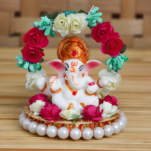 eCraftIndia Lord Ganesha Idol on Decorative Handcrafted Plate with Throne of Colorful Flowers