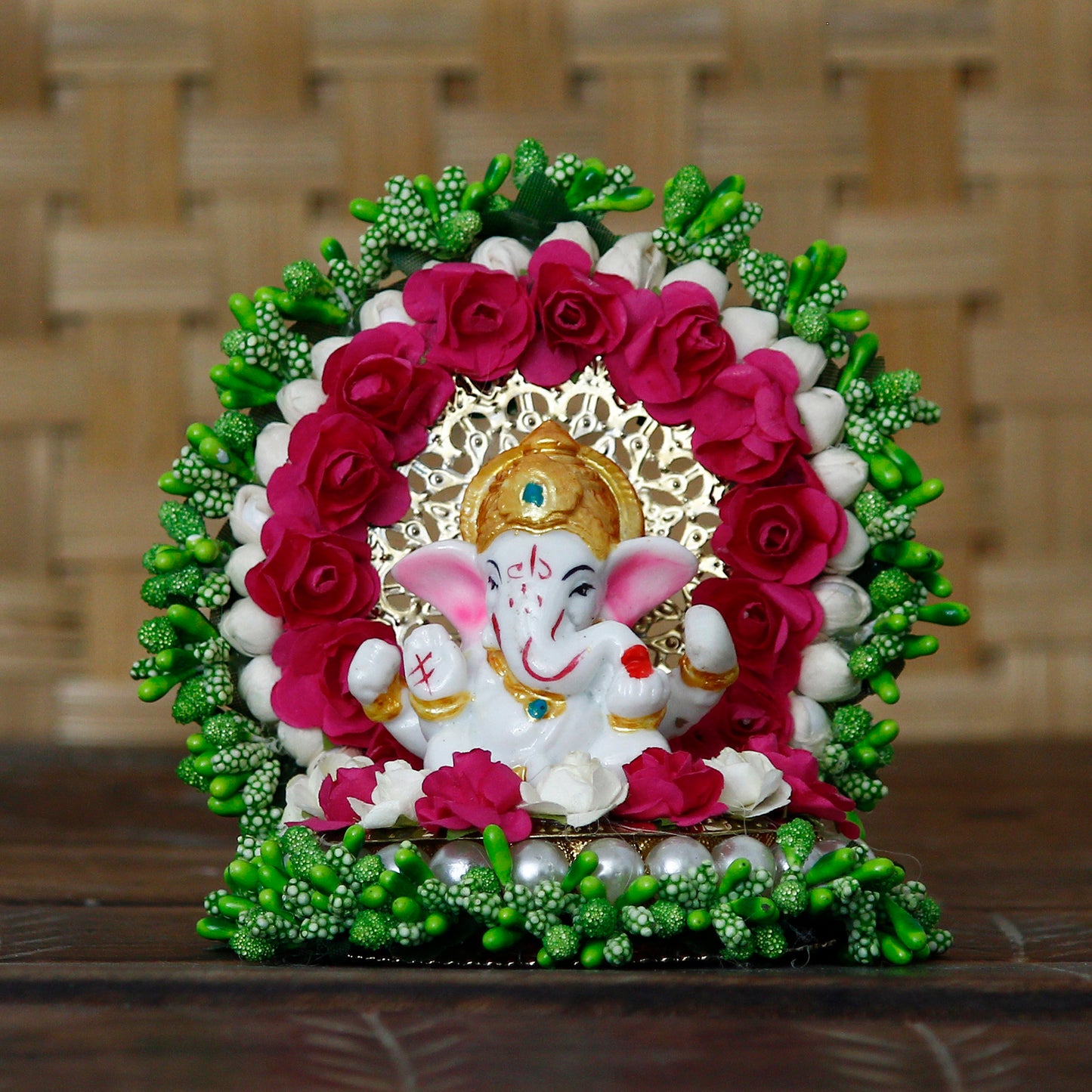 eCraftIndia Lord Ganesha Idol on Decorative Handcrafted Green Floral Plate for Home and Car