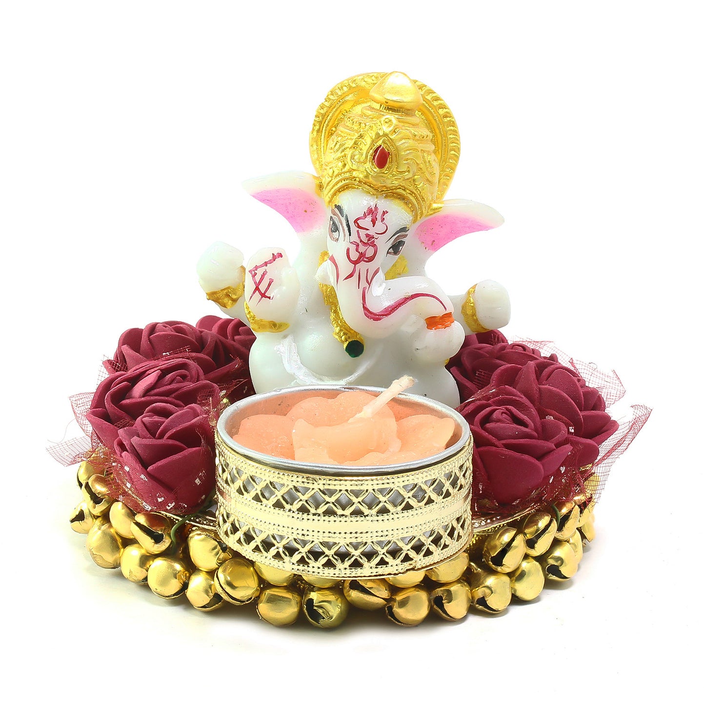 eCraftIndia Lord Ganesha Idol on Decorative Plate with Tea Light Holder