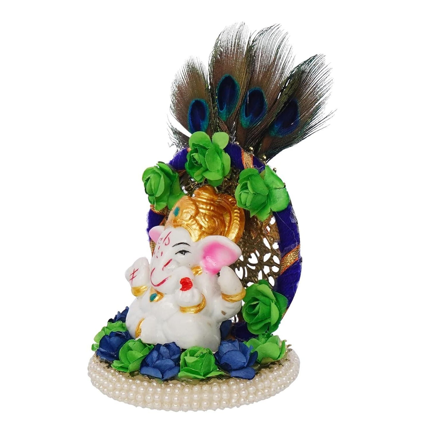 eCraftIndia Lord Ganesha Idol on Decorative Handcrafted Floral Plate with Peacock Feather for Home and Car