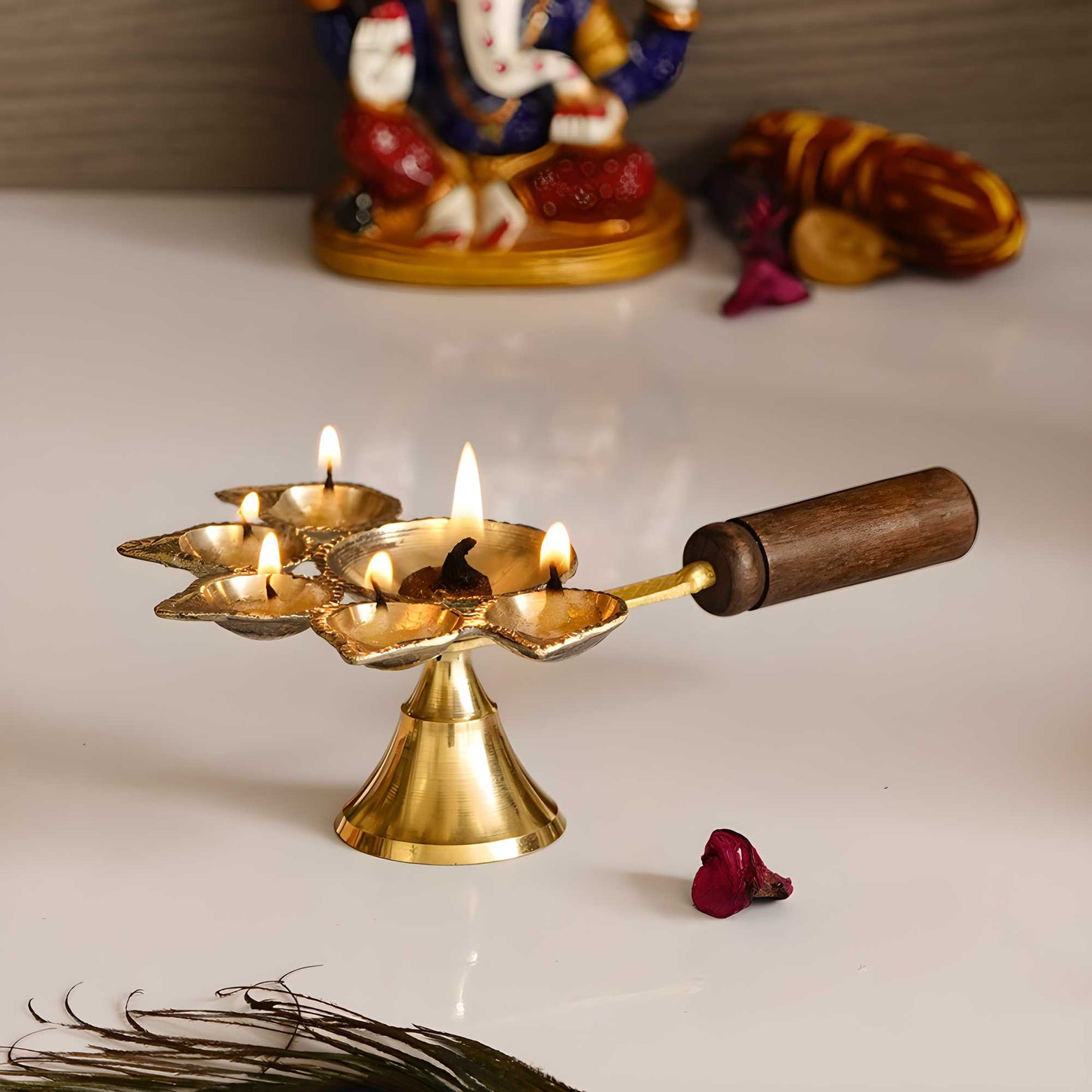 eCraftIndia Brass Panchdeep Diya for 5 Cotton Wicks With Wooden Holder