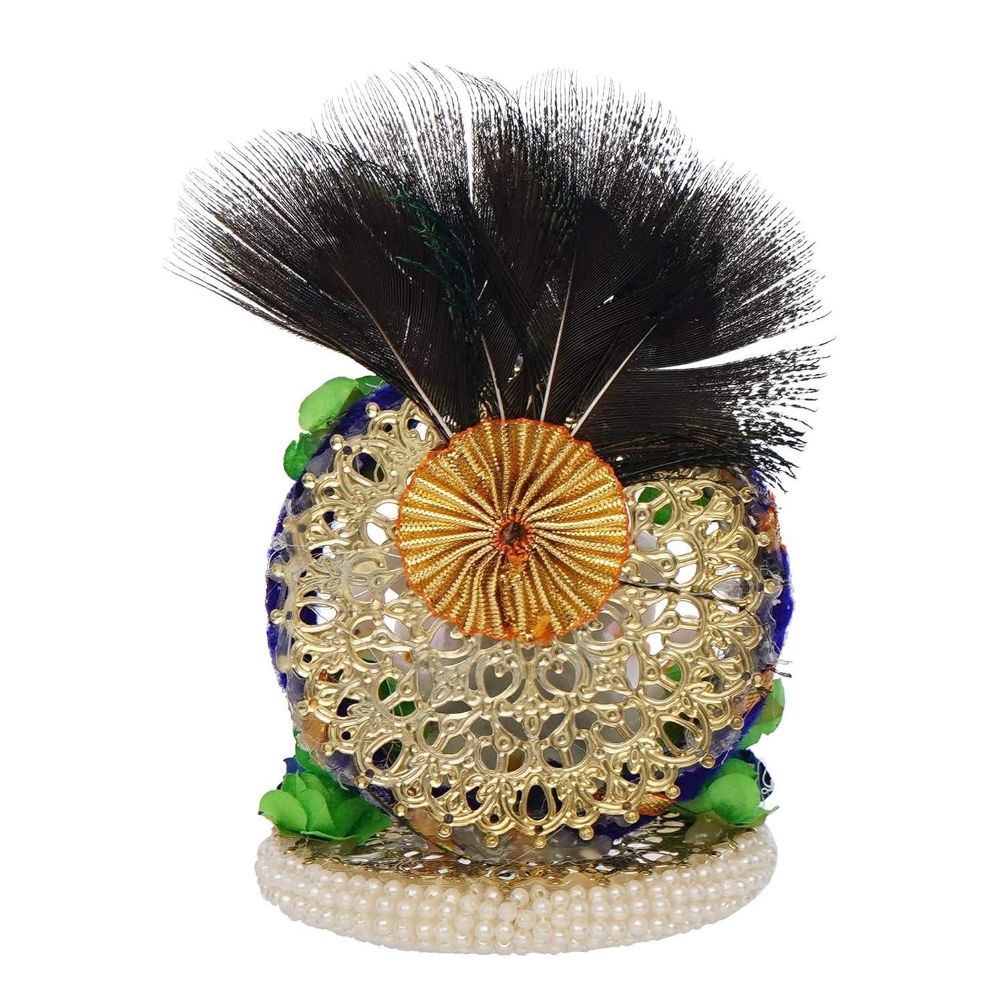 eCraftIndia Lord Ganesha Idol on Decorative Handcrafted Floral Plate with Peacock Feather for Home and Car