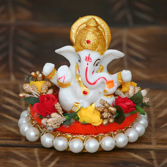 eCraftIndia Lord Ganesha Idol on Decorative Handcrafted Plate for Home and Car