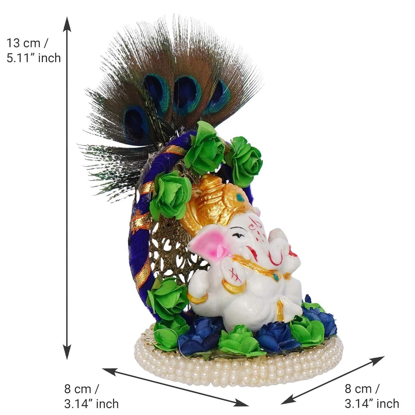 eCraftIndia Lord Ganesha Idol on Decorative Handcrafted Floral Plate with Peacock Feather for Home and Car